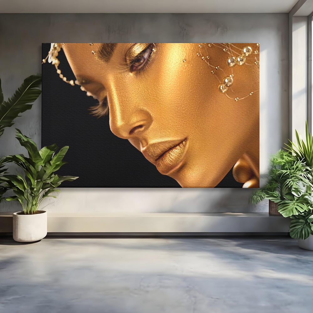 Tablou Canvas Premium LuxCanva® A1268, Beautiful Woman, Femeie, Auriu, Fumusete, Dressing, Culori Vibrante