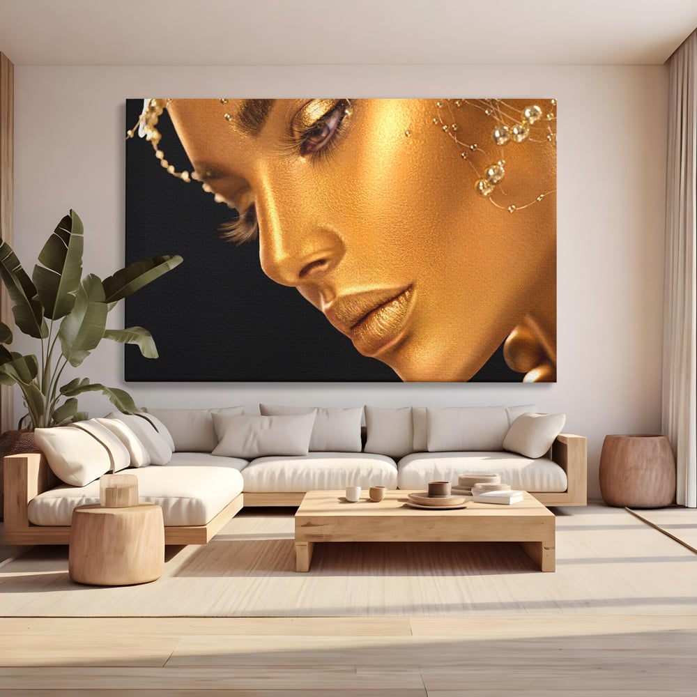 Tablou Canvas Premium LuxCanva® A1268, Beautiful Woman, Femeie, Auriu, Fumusete, Dressing, Culori Vibrante