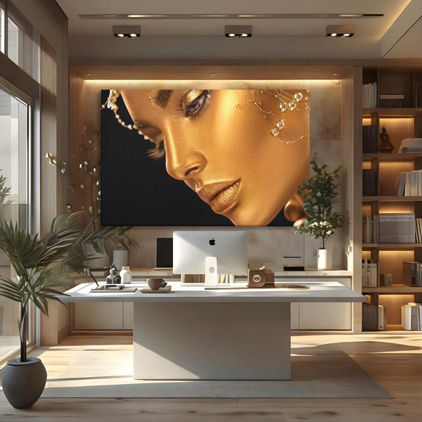 Tablou Canvas Premium LuxCanva® A1268, Beautiful Woman, Femeie, Auriu, Fumusete, Dressing, Culori Vibrante