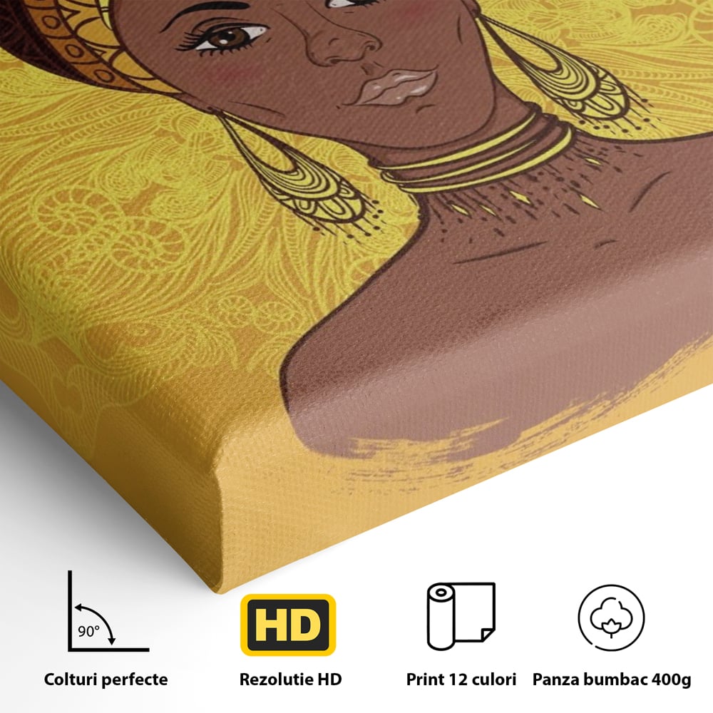 Tablou Canvas Premium LuxCanva® A1269, African Girl, Femeie, Auriu, Turban African, Dressing, Culori Vibrante