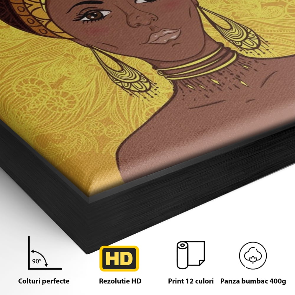 Tablou Canvas Premium LuxCanva® A1269, African Girl, Femeie, Auriu, Turban African, Dressing, Culori Vibrante