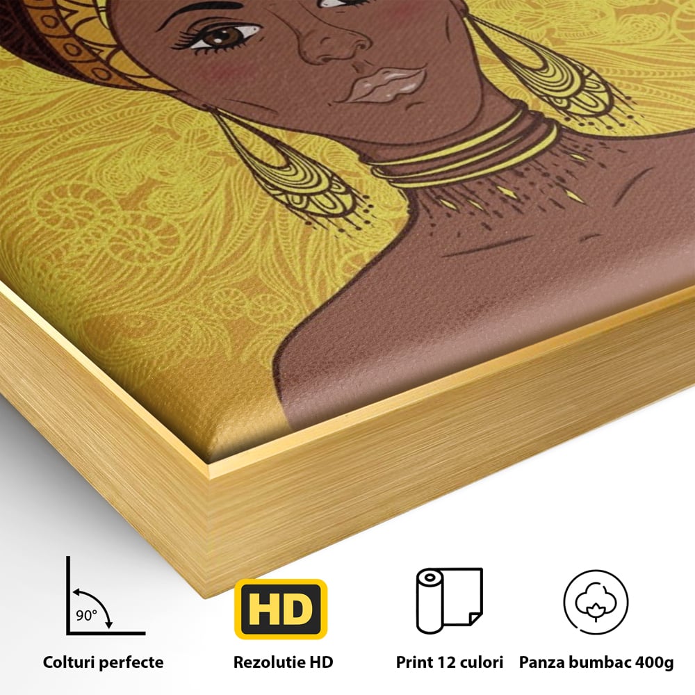 Tablou Canvas Premium LuxCanva® A1269, African Girl, Femeie, Auriu, Turban African, Dressing, Culori Vibrante