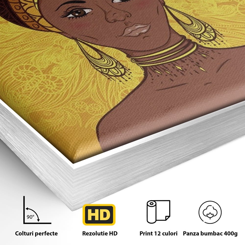 Tablou Canvas Premium LuxCanva® A1269, African Girl, Femeie, Auriu, Turban African, Dressing, Culori Vibrante