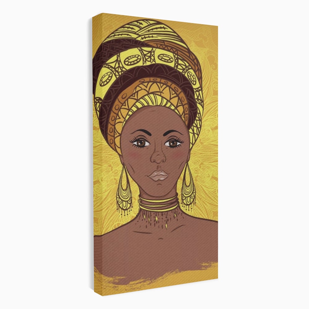 Tablou Canvas Premium LuxCanva® A1269, African Girl, Femeie, Auriu, Turban African, Dressing, Culori Vibrante