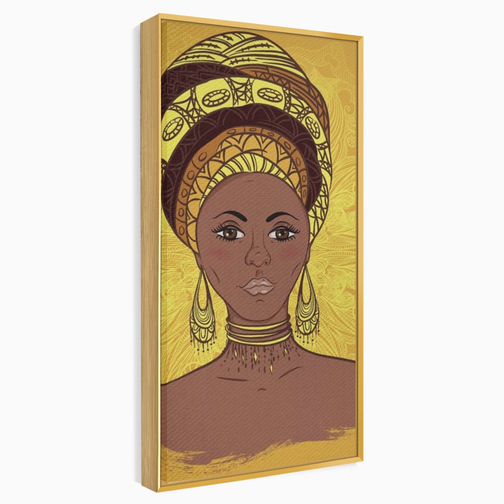 Tablou Canvas Premium LuxCanva® A1269, African Girl, Femeie, Auriu, Turban African, Dressing, Culori Vibrante