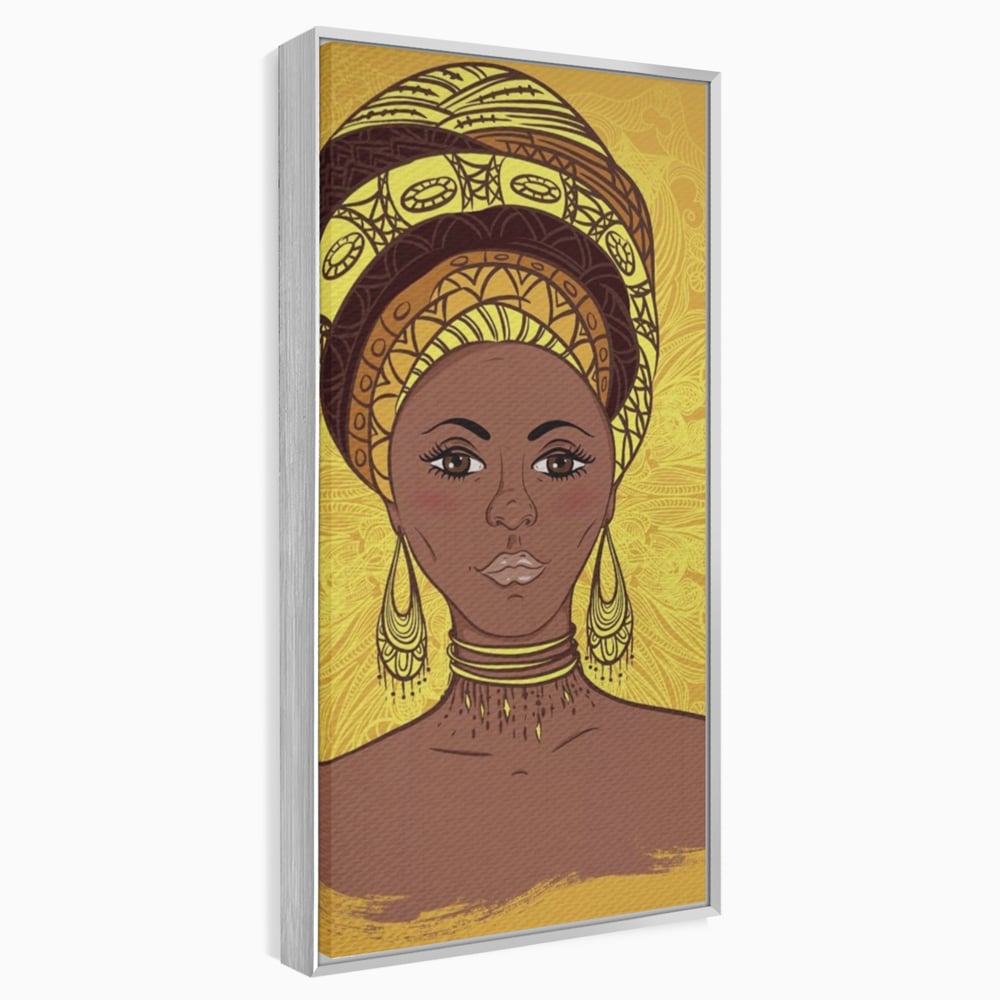 Tablou Canvas Premium LuxCanva® A1269, African Girl, Femeie, Auriu, Turban African, Dressing, Culori Vibrante