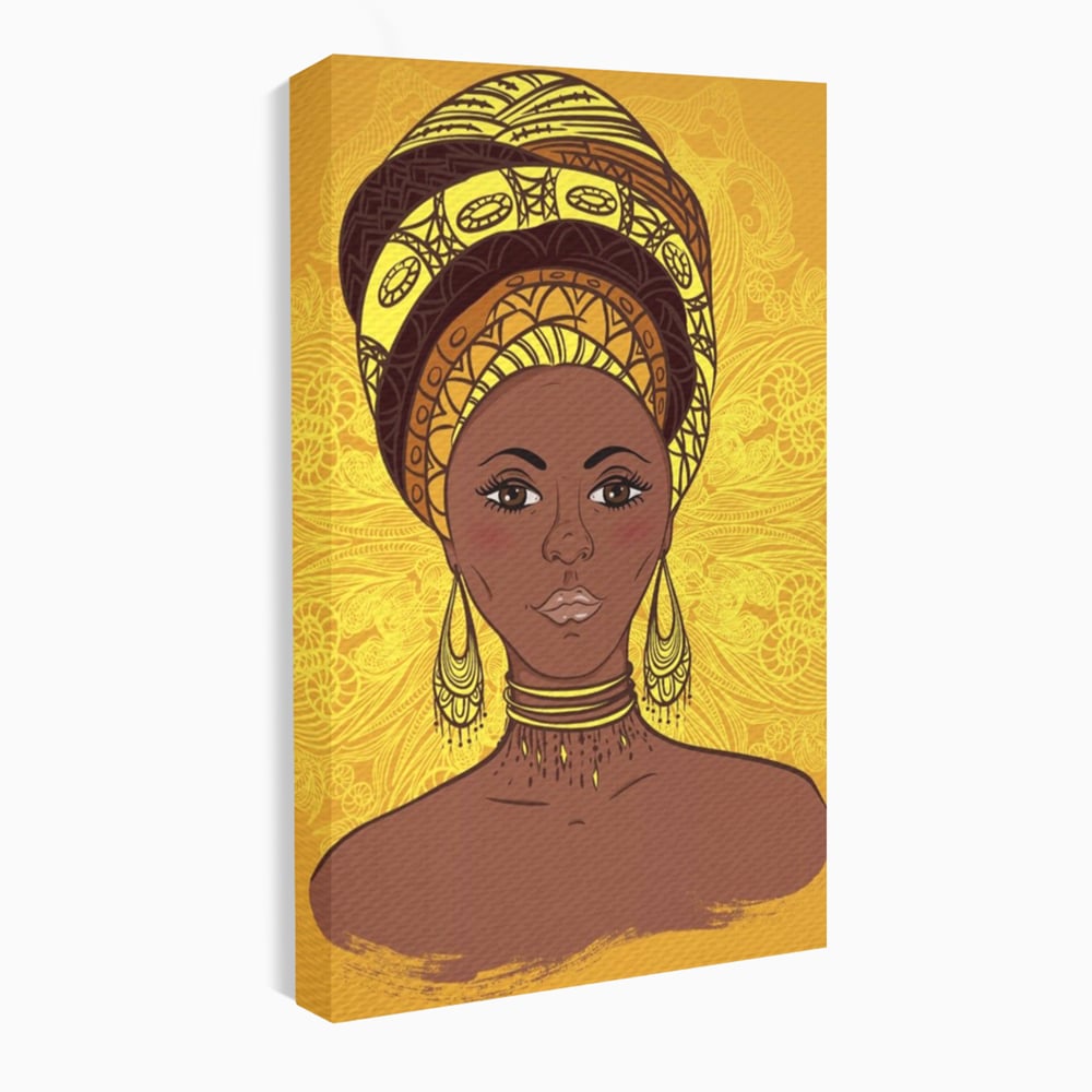 Tablou Canvas Premium LuxCanva® A1269, African Girl, Femeie, Auriu, Turban African, Dressing, Culori Vibrante