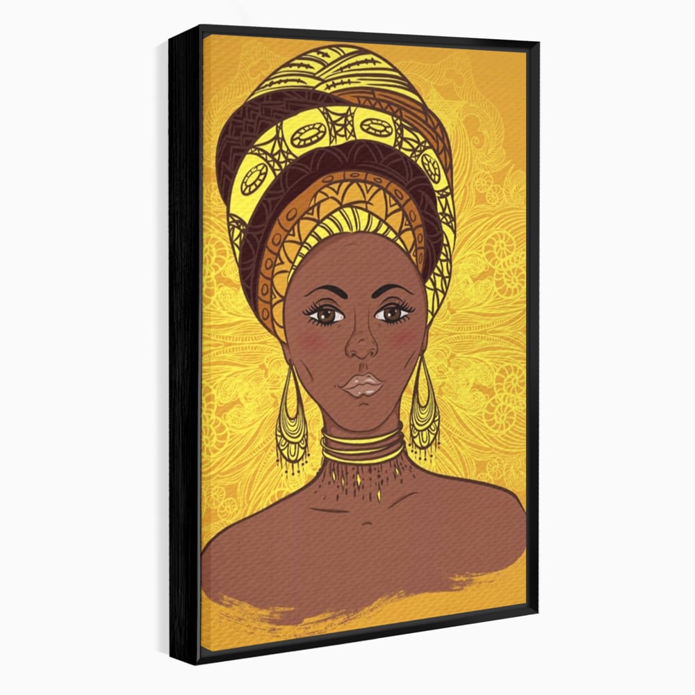 Tablou Canvas Premium LuxCanva® A1269, African Girl, Femeie, Auriu, Turban African, Dressing, Culori Vibrante