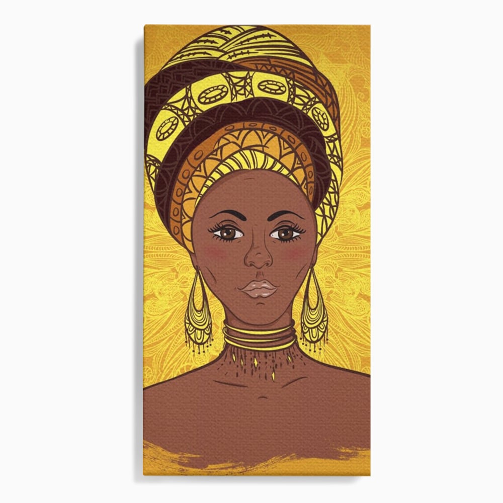 Tablou Canvas Premium LuxCanva® A1269, African Girl, Femeie, Auriu, Turban African, Dressing, Culori Vibrante