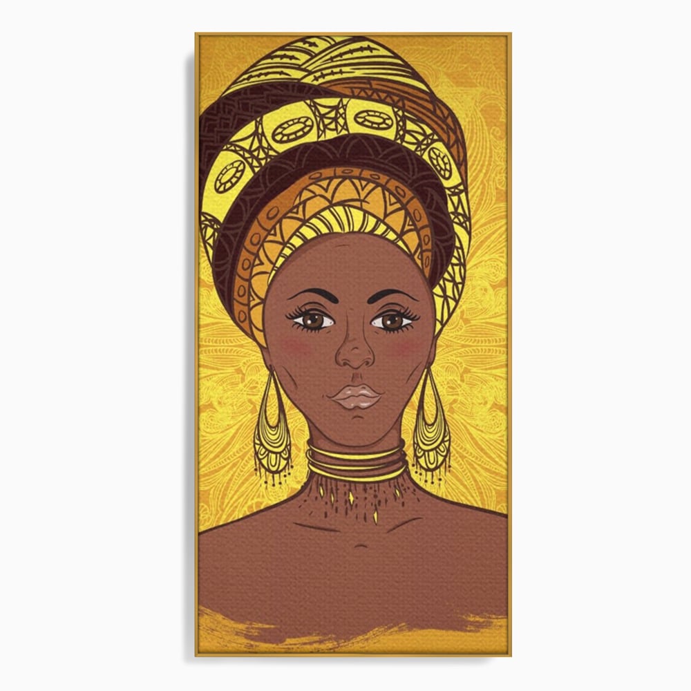 Tablou Canvas Premium LuxCanva® A1269, African Girl, Femeie, Auriu, Turban African, Dressing, Culori Vibrante
