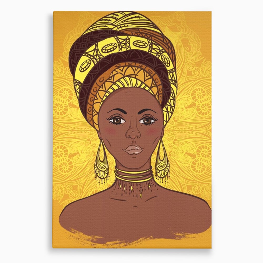 Tablou Canvas Premium LuxCanva® A1269, African Girl, Femeie, Auriu, Turban African, Dressing, Culori Vibrante