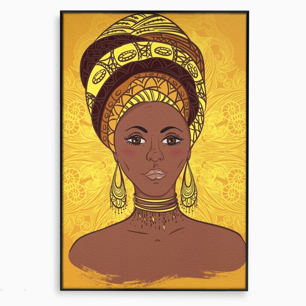 Tablou Canvas Premium LuxCanva® A1269, African Girl, Femeie, Auriu, Turban African, Dressing, Culori Vibrante