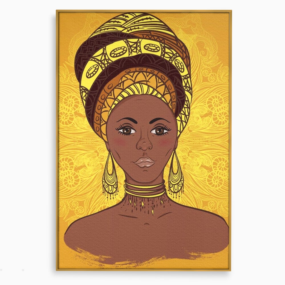 Tablou Canvas Premium LuxCanva® A1269, African Girl, Femeie, Auriu, Turban African, Dressing, Culori Vibrante