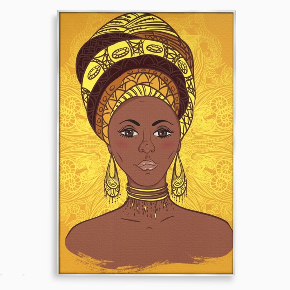 Tablou Canvas Premium LuxCanva® A1269, African Girl, Femeie, Auriu, Turban African, Dressing, Culori Vibrante