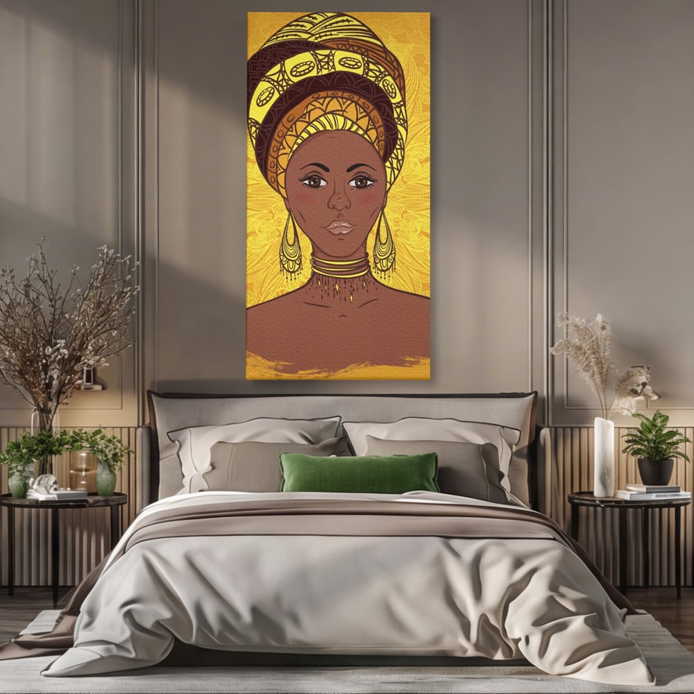 Tablou Canvas Premium LuxCanva® A1269, African Girl, Femeie, Auriu, Turban African, Dressing, Culori Vibrante