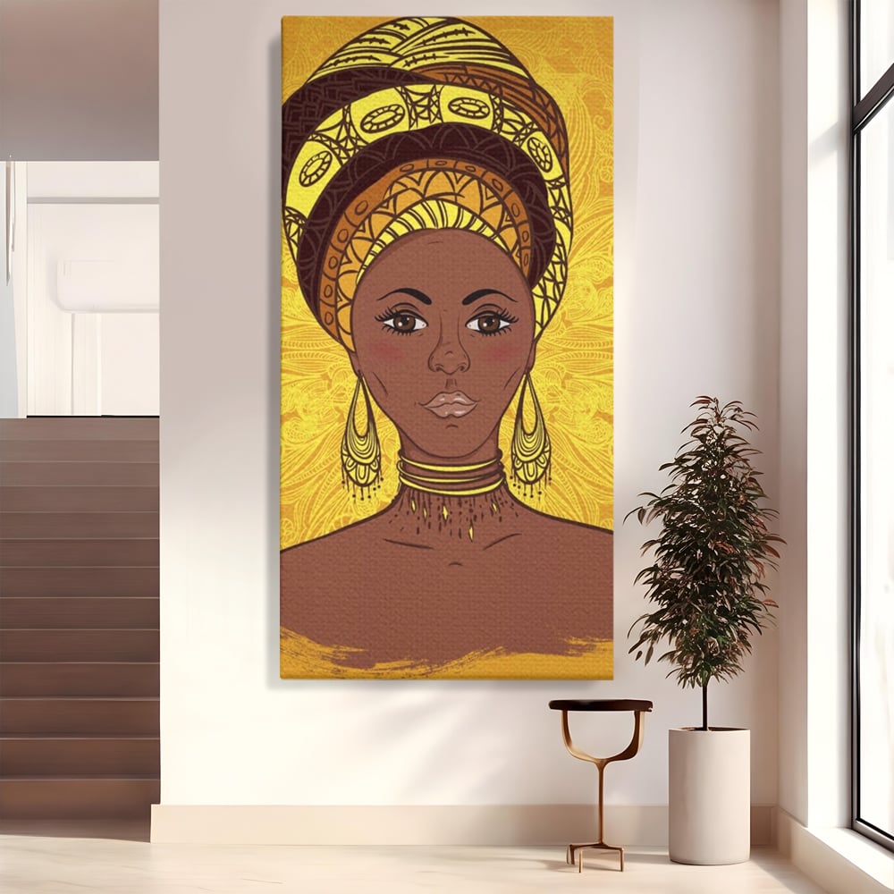 Tablou Canvas Premium LuxCanva® A1269, African Girl, Femeie, Auriu, Turban African, Dressing, Culori Vibrante