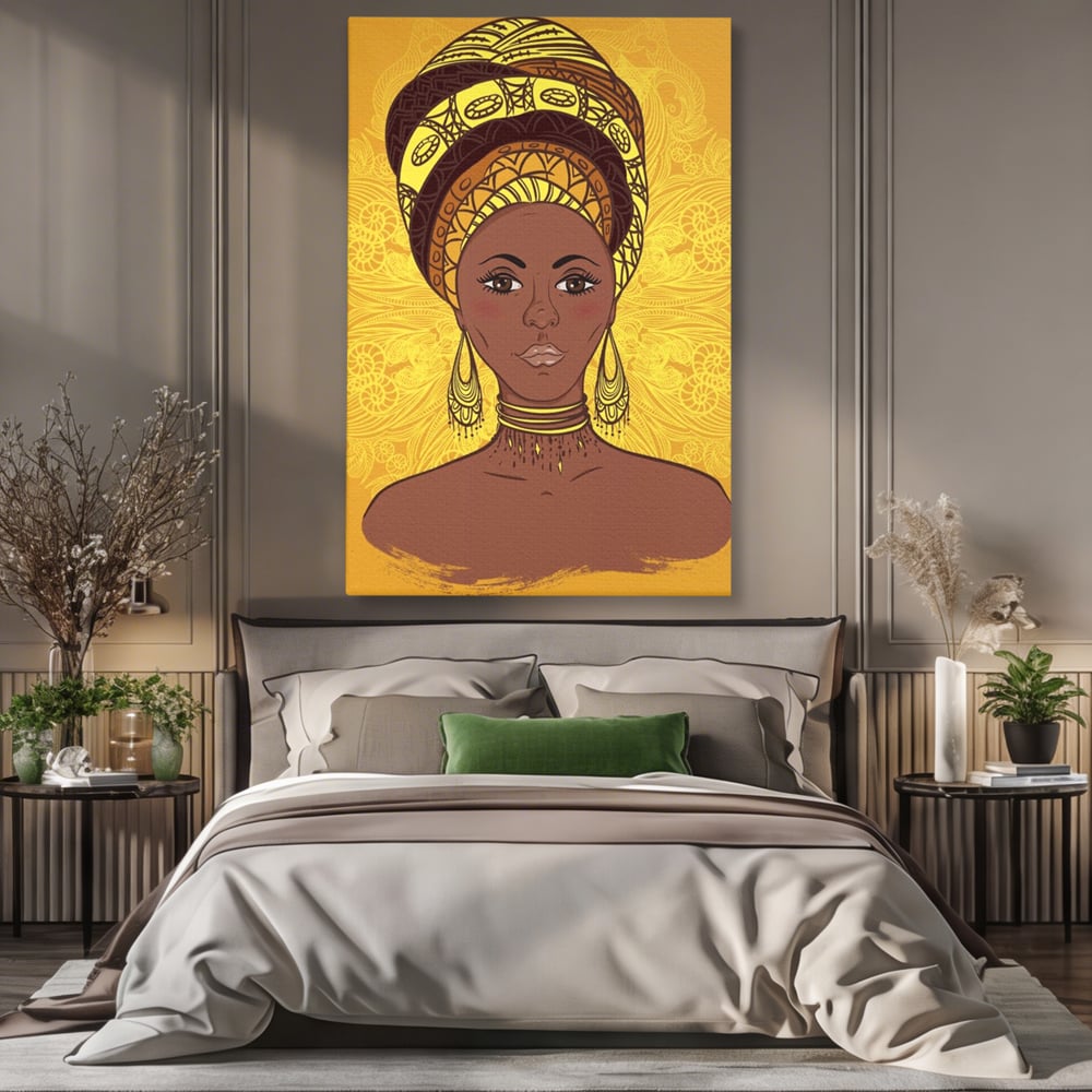 Tablou Canvas Premium LuxCanva® A1269, African Girl, Femeie, Auriu, Turban African, Dressing, Culori Vibrante