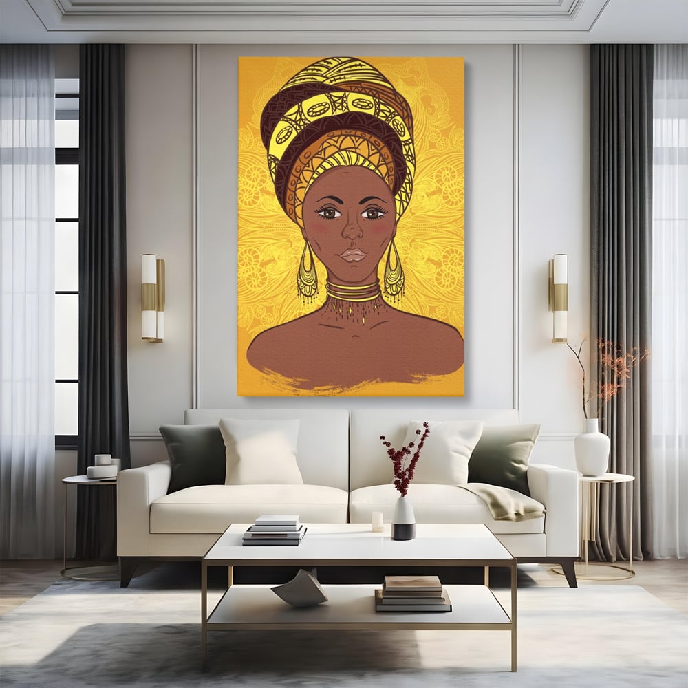 Tablou Canvas Premium LuxCanva® A1269, African Girl, Femeie, Auriu, Turban African, Dressing, Culori Vibrante