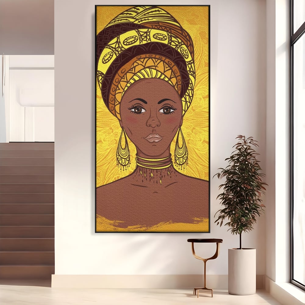 Tablou Canvas Premium LuxCanva® A1269, African Girl, Femeie, Auriu, Turban African, Dressing, Culori Vibrante