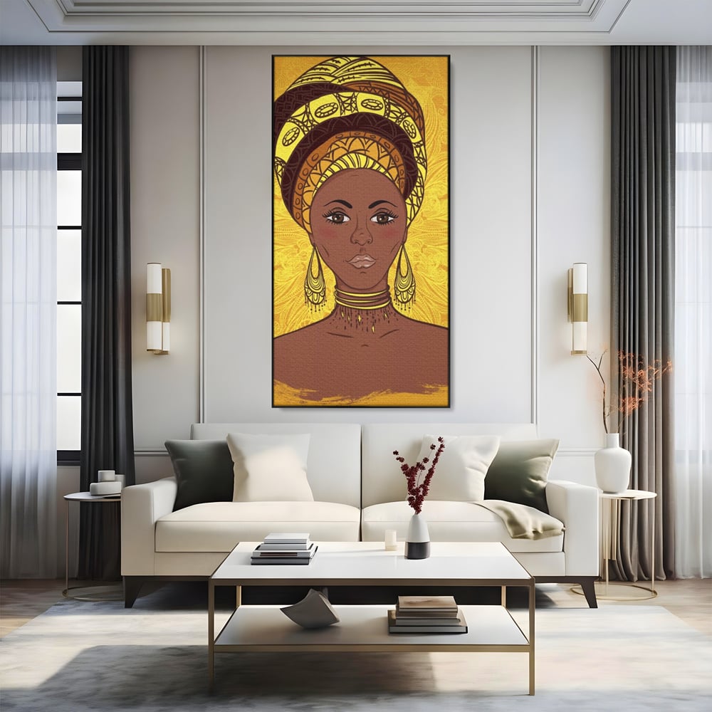 Tablou Canvas Premium LuxCanva® A1269, African Girl, Femeie, Auriu, Turban African, Dressing, Culori Vibrante