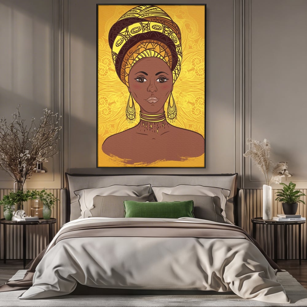 Tablou Canvas Premium LuxCanva® A1269, African Girl, Femeie, Auriu, Turban African, Dressing, Culori Vibrante