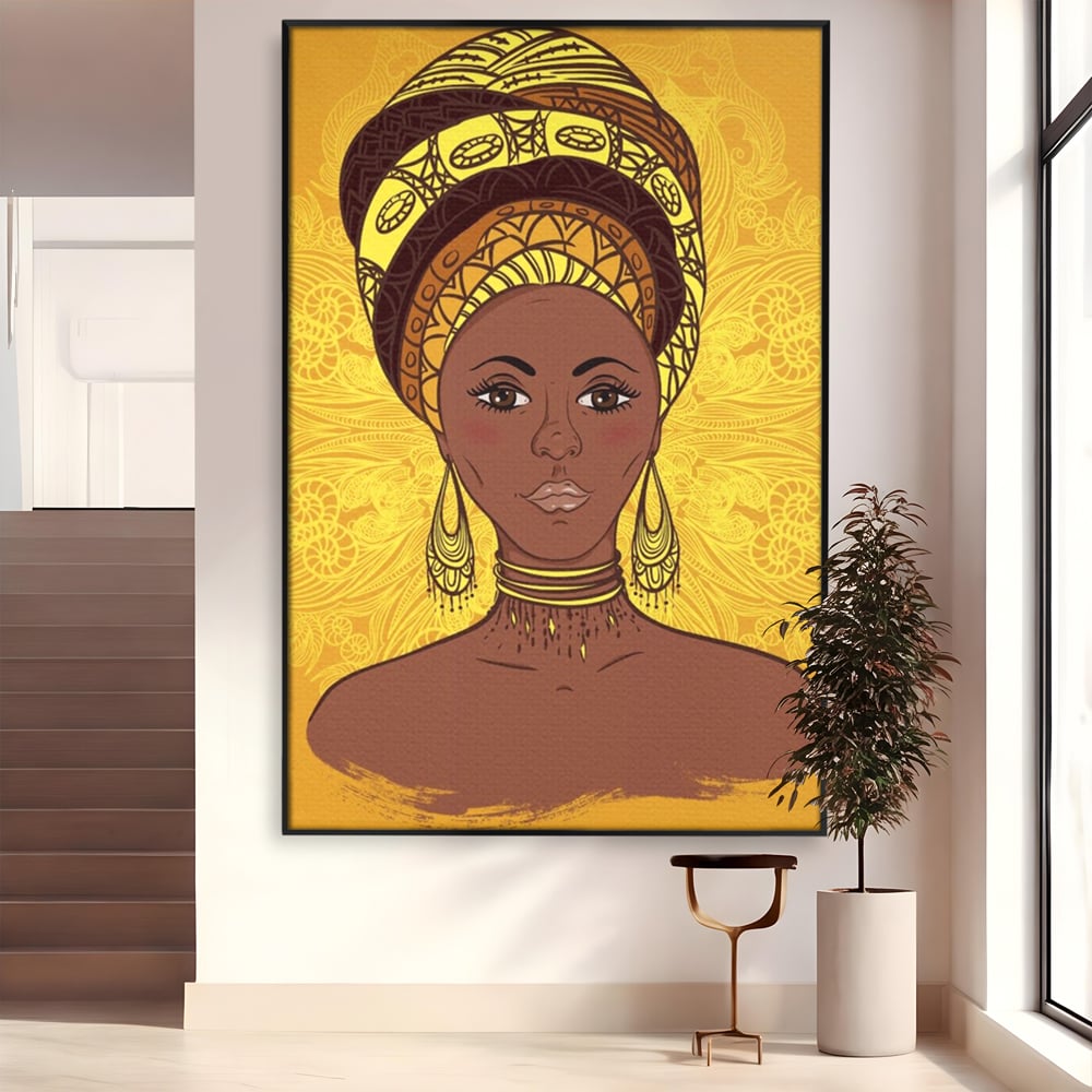 Tablou Canvas Premium LuxCanva® A1269, African Girl, Femeie, Auriu, Turban African, Dressing, Culori Vibrante