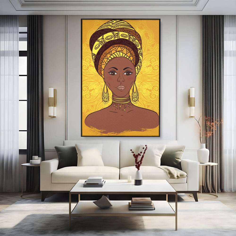 Tablou Canvas Premium LuxCanva® A1269, African Girl, Femeie, Auriu, Turban African, Dressing, Culori Vibrante