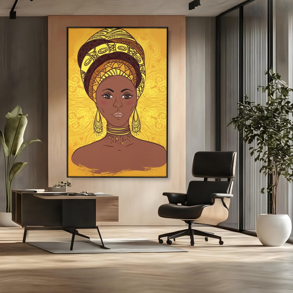 Tablou Canvas Premium LuxCanva® A1269, African Girl, Femeie, Auriu, Turban African, Dressing, Culori Vibrante