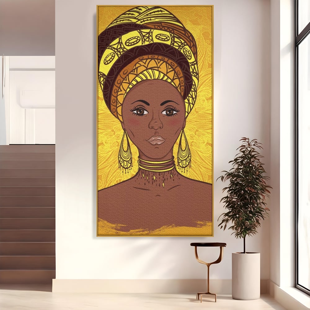 Tablou Canvas Premium LuxCanva® A1269, African Girl, Femeie, Auriu, Turban African, Dressing, Culori Vibrante