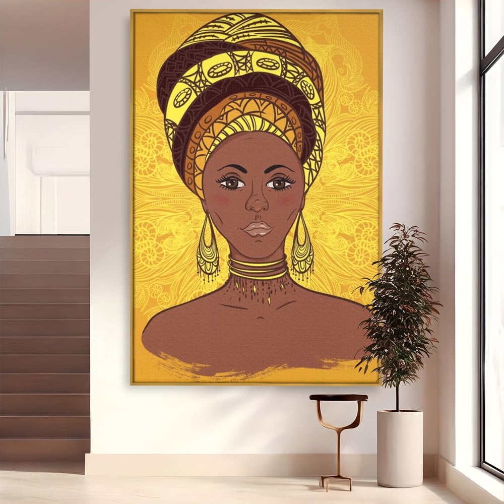 Tablou Canvas Premium LuxCanva® A1269, African Girl, Femeie, Auriu, Turban African, Dressing, Culori Vibrante
