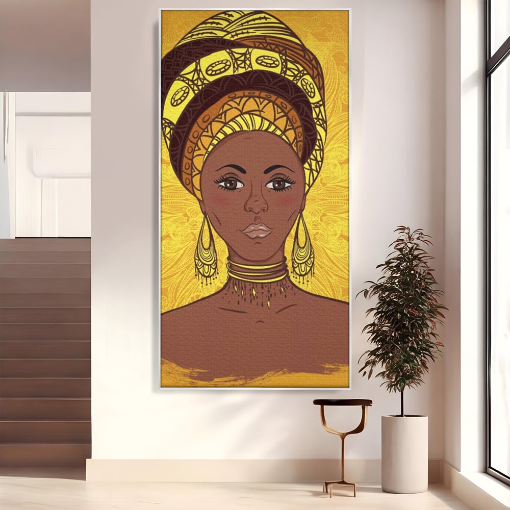 Tablou Canvas Premium LuxCanva® A1269, African Girl, Femeie, Auriu, Turban African, Dressing, Culori Vibrante