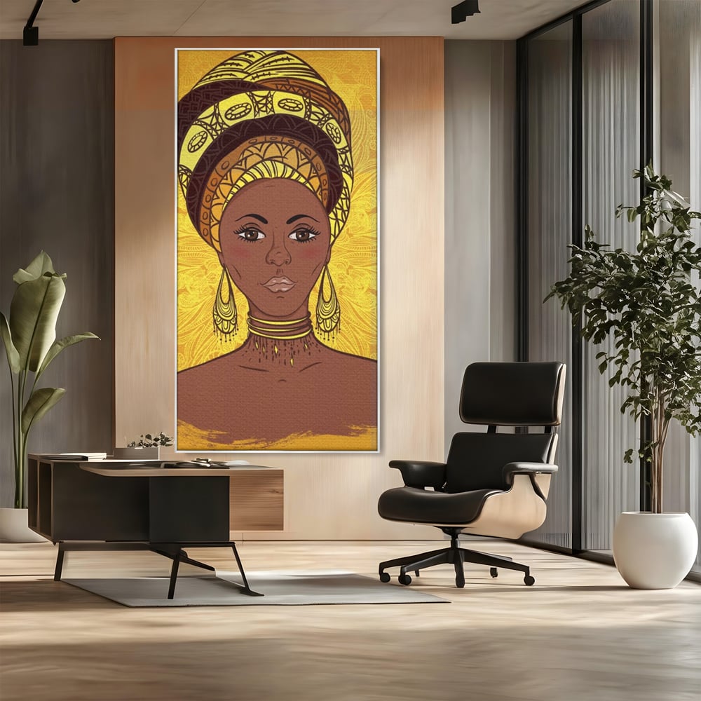 Tablou Canvas Premium LuxCanva® A1269, African Girl, Femeie, Auriu, Turban African, Dressing, Culori Vibrante