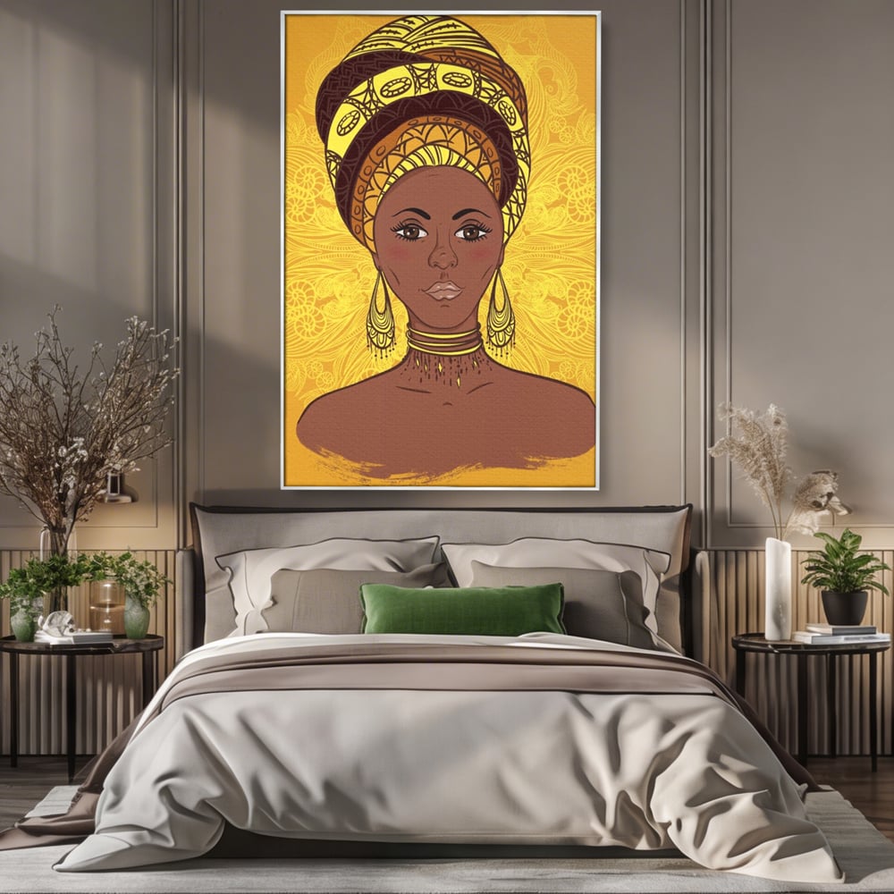 Tablou Canvas Premium LuxCanva® A1269, African Girl, Femeie, Auriu, Turban African, Dressing, Culori Vibrante