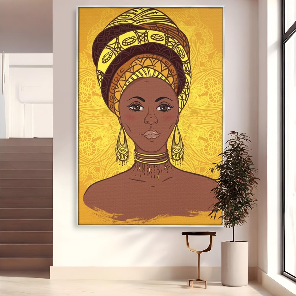 Tablou Canvas Premium LuxCanva® A1269, African Girl, Femeie, Auriu, Turban African, Dressing, Culori Vibrante