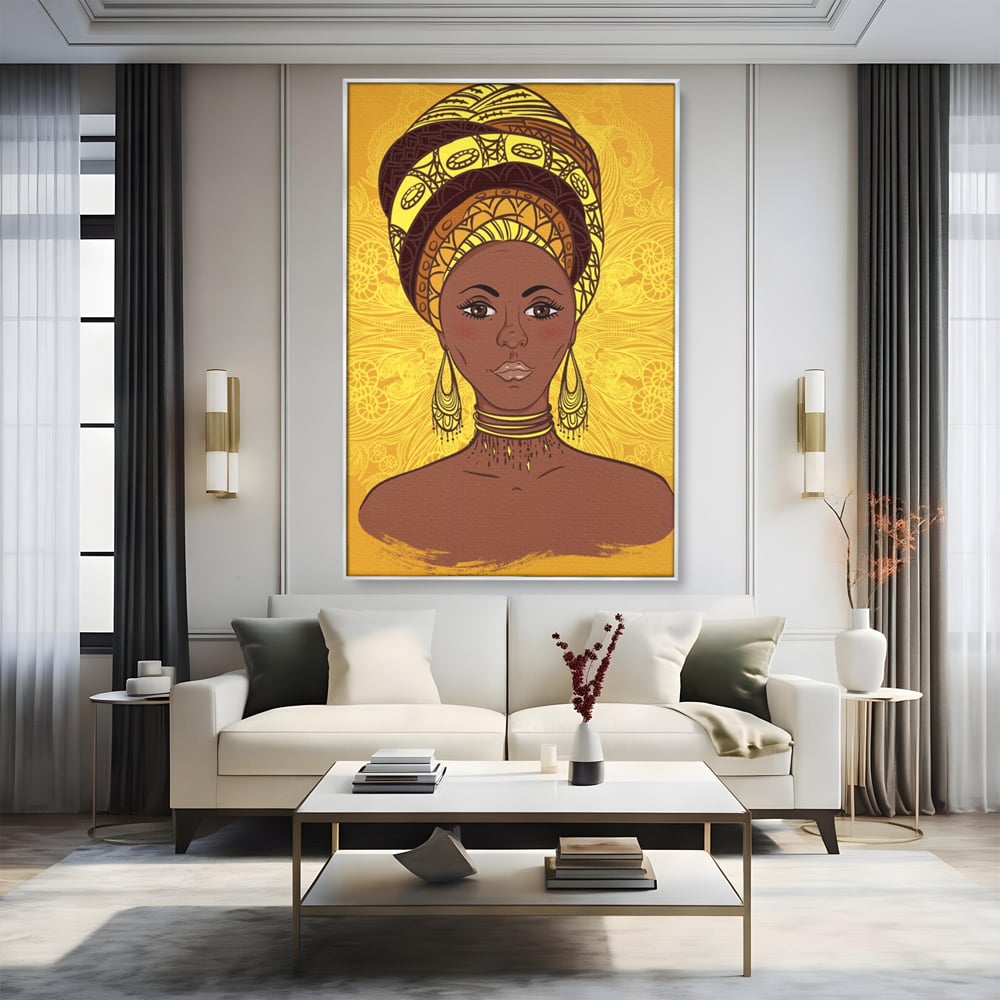 Tablou Canvas Premium LuxCanva® A1269, African Girl, Femeie, Auriu, Turban African, Dressing, Culori Vibrante