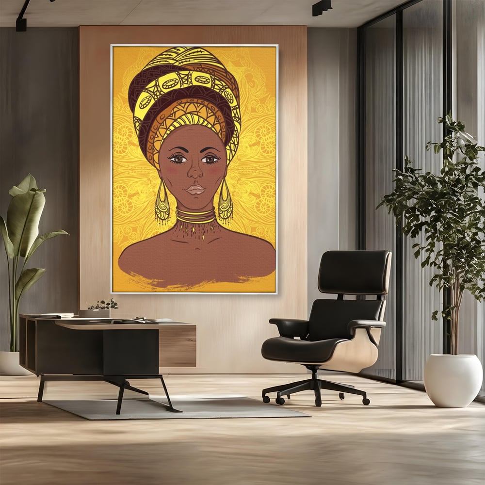 Tablou Canvas Premium LuxCanva® A1269, African Girl, Femeie, Auriu, Turban African, Dressing, Culori Vibrante