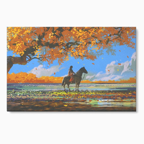 Tablou Canvas Premium LuxCanva® A1270, Girl With Horse, Cal, Copac, Frunze, Fata, Dormitor, Culori Vibrante