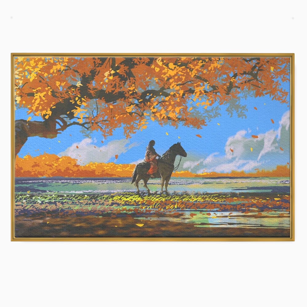 Tablou Canvas Premium LuxCanva® A1270, Girl With Horse, Cal, Copac, Frunze, Fata, Dormitor, Culori Vibrante