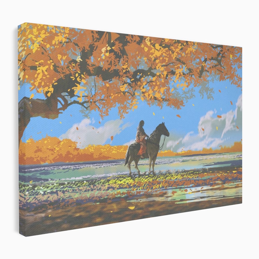 Tablou Canvas Premium LuxCanva® A1270, Girl With Horse, Cal, Copac, Frunze, Fata, Dormitor, Culori Vibrante
