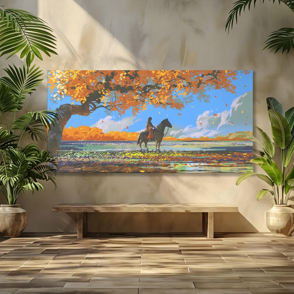 Tablou Canvas Premium LuxCanva® A1270, Girl With Horse, Cal, Copac, Frunze, Fata, Dormitor, Culori Vibrante