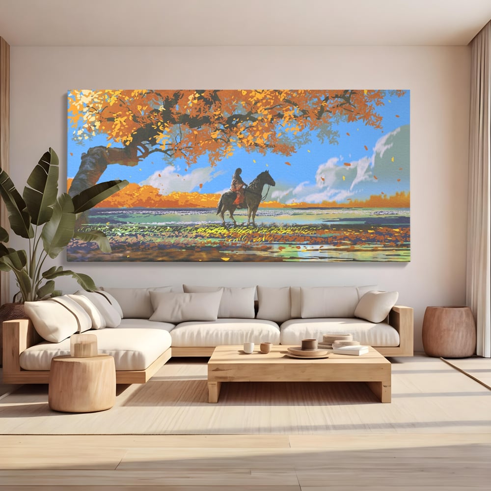 Tablou Canvas Premium LuxCanva® A1270, Girl With Horse, Cal, Copac, Frunze, Fata, Dormitor, Culori Vibrante