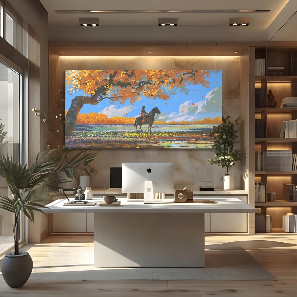 Tablou Canvas Premium LuxCanva® A1270, Girl With Horse, Cal, Copac, Frunze, Fata, Dormitor, Culori Vibrante