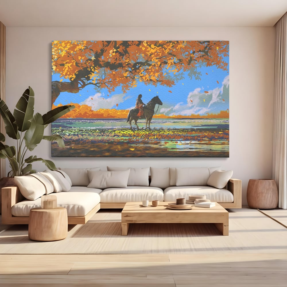Tablou Canvas Premium LuxCanva® A1270, Girl With Horse, Cal, Copac, Frunze, Fata, Dormitor, Culori Vibrante