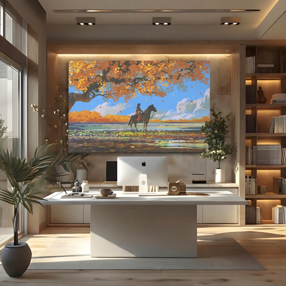Tablou Canvas Premium LuxCanva® A1270, Girl With Horse, Cal, Copac, Frunze, Fata, Dormitor, Culori Vibrante