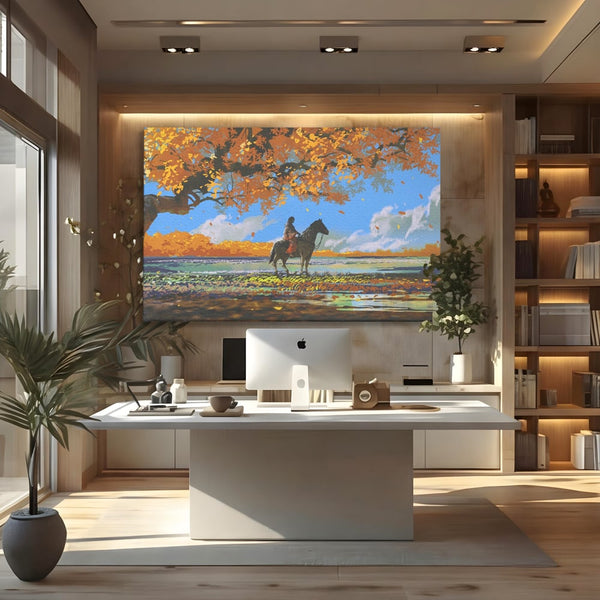 Tablou Canvas Premium LuxCanva® A1270, Girl With Horse, Cal, Copac, Frunze, Fata, Dormitor, Culori Vibrante