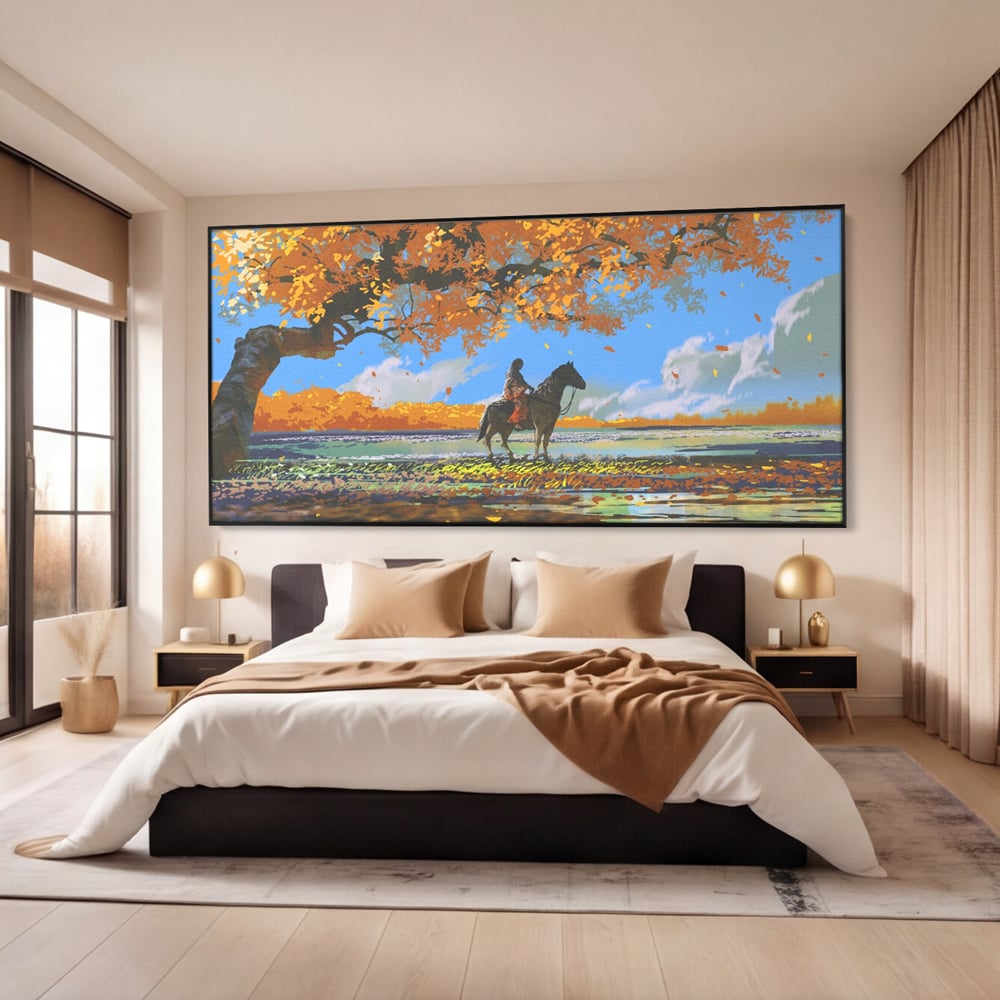 Tablou Canvas Premium LuxCanva® A1270, Girl With Horse, Cal, Copac, Frunze, Fata, Dormitor, Culori Vibrante