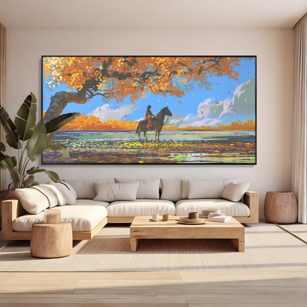 Tablou Canvas Premium LuxCanva® A1270, Girl With Horse, Cal, Copac, Frunze, Fata, Dormitor, Culori Vibrante