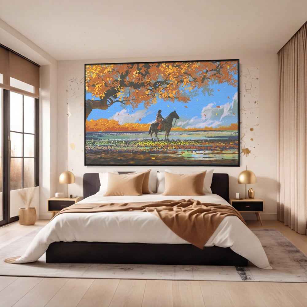 Tablou Canvas Premium LuxCanva® A1270, Girl With Horse, Cal, Copac, Frunze, Fata, Dormitor, Culori Vibrante