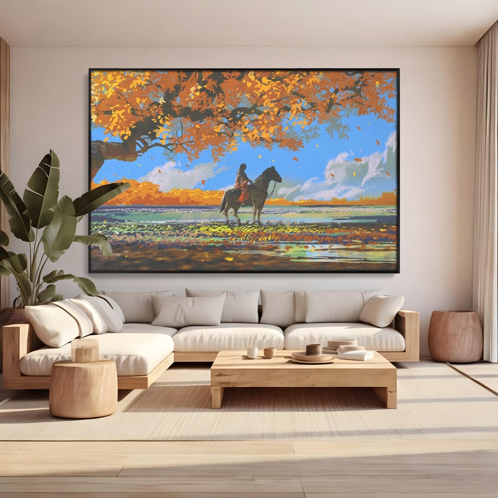 Tablou Canvas Premium LuxCanva® A1270, Girl With Horse, Cal, Copac, Frunze, Fata, Dormitor, Culori Vibrante