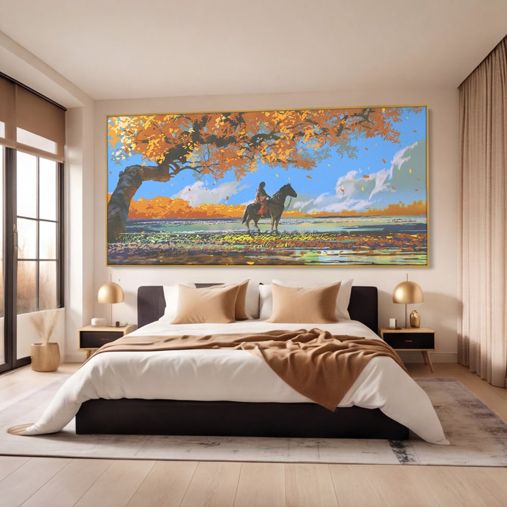 Tablou Canvas Premium LuxCanva® A1270, Girl With Horse, Cal, Copac, Frunze, Fata, Dormitor, Culori Vibrante
